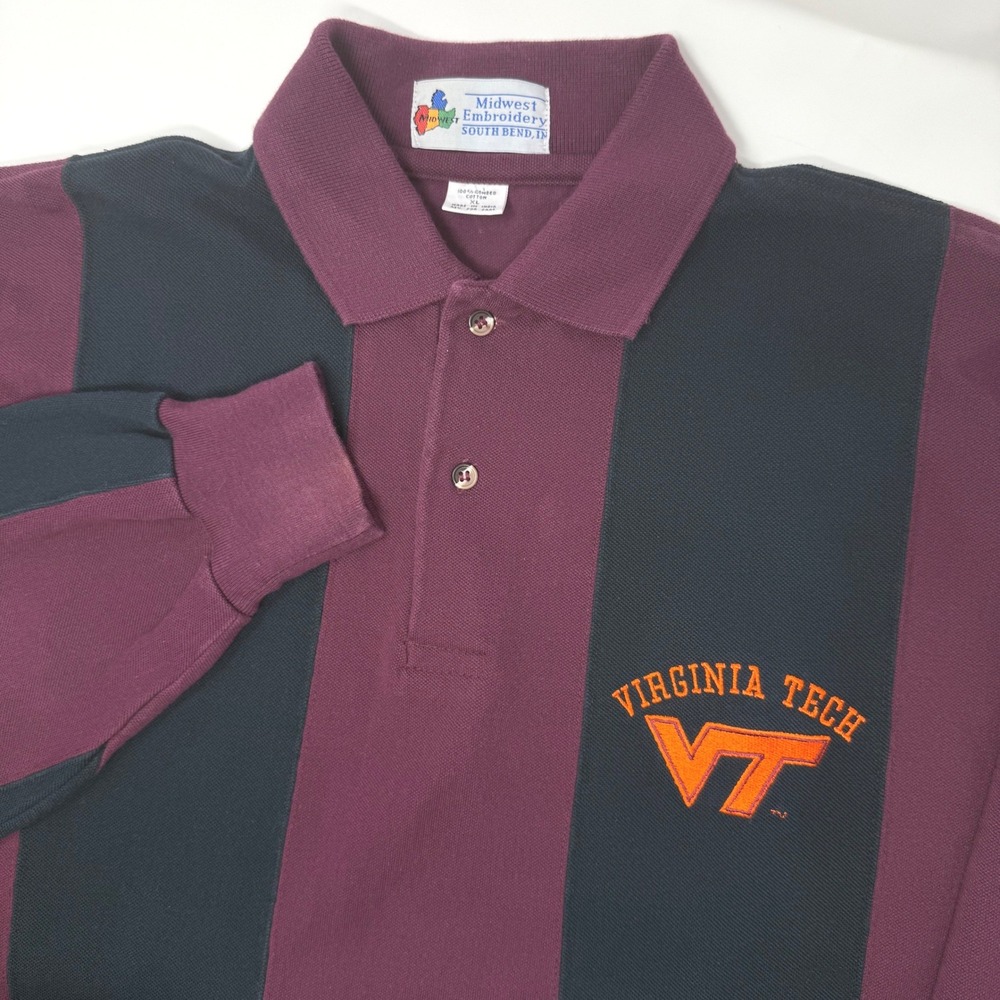 Midwest Embroidery Virginia Tech Hokies Long Sleeve Polo Shirt Mens XL Navy VT